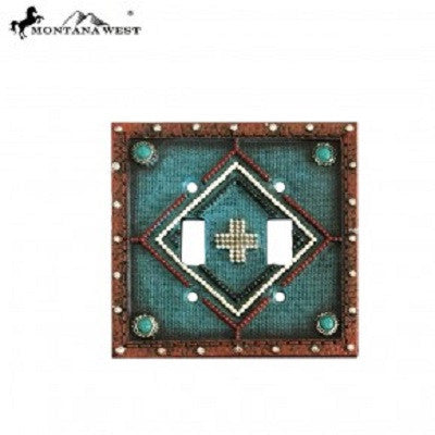 Montana West Leather-Like Aztec Design Turquoise Color Double Switch Plate Cover