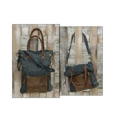 Blue & Leather Fold-Over Convertible Tote