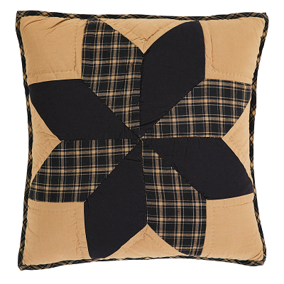 Patchwork; Hand quilted, machine pieced; Stitch in the ditch and echo hand quilting; Traditional 8-point star center on solid tan ground; 100% cotton batting; Straight edge with .5" bias cut black and tan plaid fabric; Reverses to light and dark tan check fabric with 3-tie closures; 3" overlap to conceal pillow insert