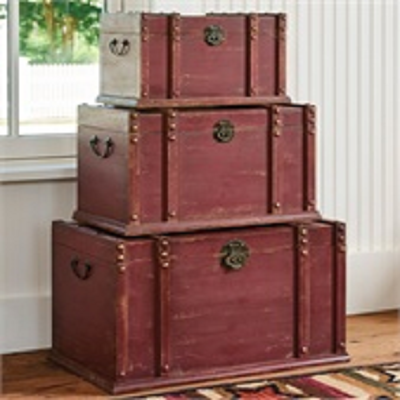 Set of Three Red Distressed Wood Stackable/Nesting Trunks