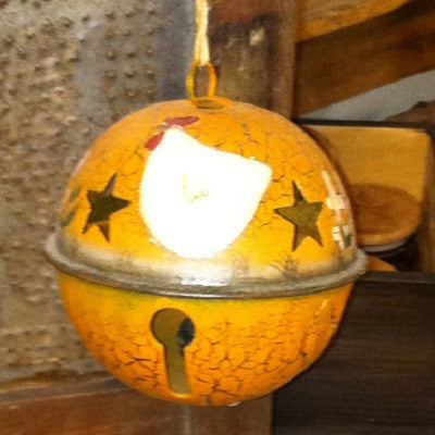 Large Rusty Tin Bell with Painted Hen Ornament