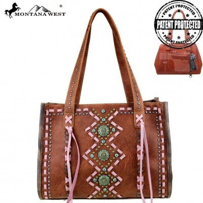 Montana West Concho Collection Concealed Handgun Tote ~ Geometric Studs & Tassels ~ Brown