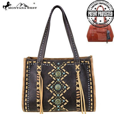 Montana West Concho Collection Concealed Handgun Tote ~ Geometric Studs & Tassels ~ Coffee