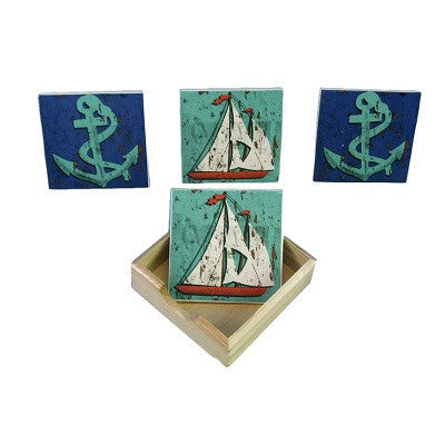 Sailboats and Anchors Coaster Set With Holder